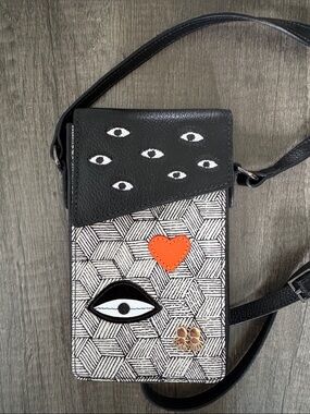 Min & Mon Black and White Eye-Pattern Crossbody Phone Bag with Orange Heart